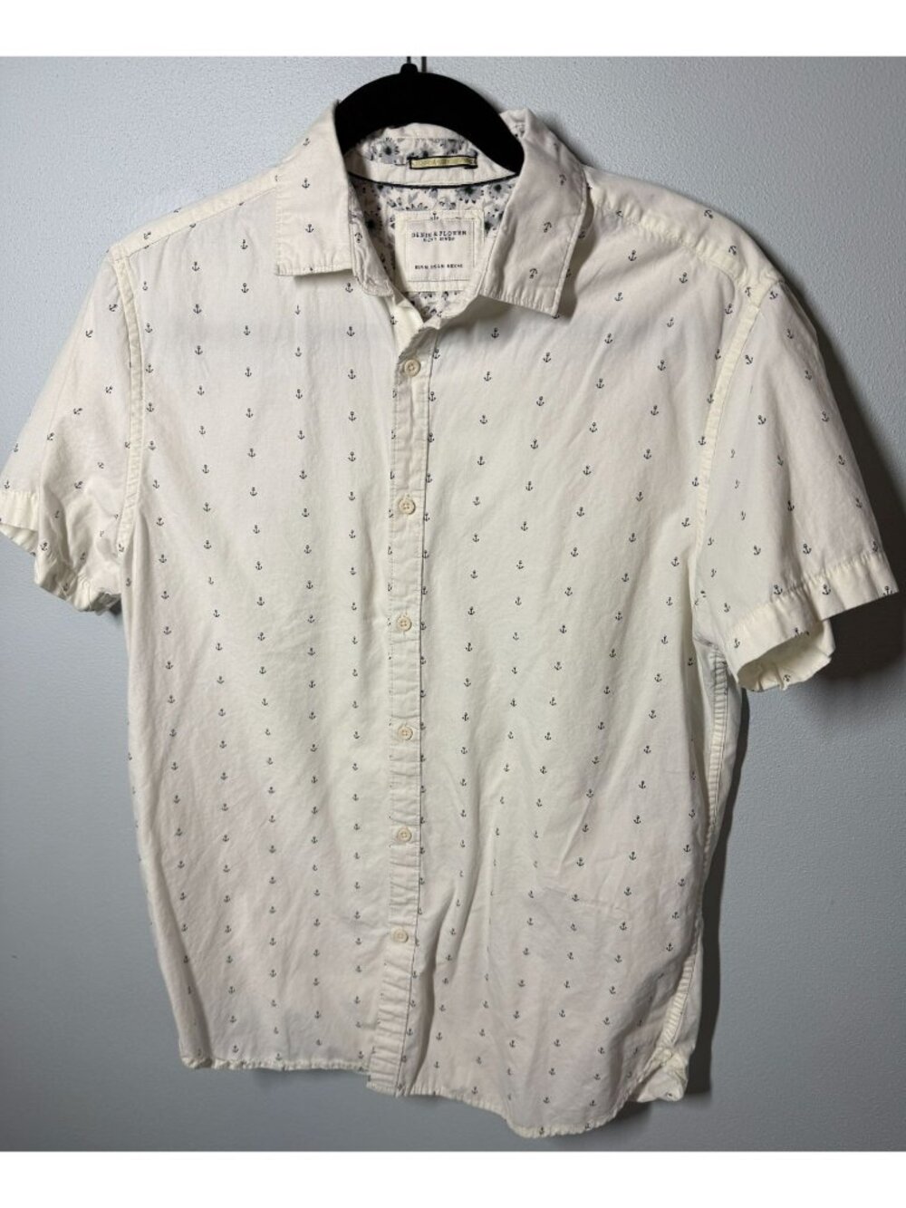 Denim & Flower Ricky Singh Mens Medium White/Navy Anchor Print Button Up Coastal